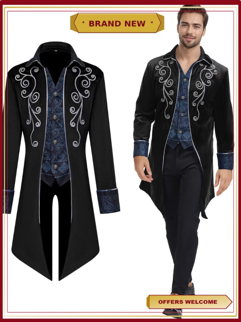 Men's Medieval Steampunk Tailcoat Jacket Gothic Victorian Frock Coat